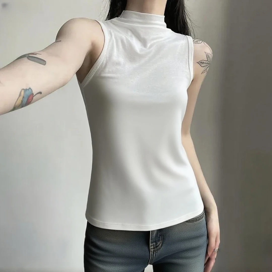 新款莫代尔吊带背心女百搭夏季t恤韩版小高领领纯色无袖上衣薄款