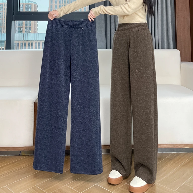 窄版阔腿裤女秋冬季加绒加厚直筒休闲高腰显瘦小个子毛呢糯米裤子