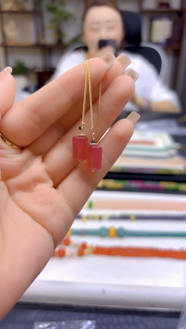 西瓜碧玺耳饰银S925镀金镶嵌DIY款E708