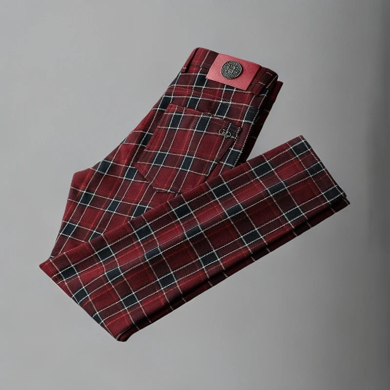 潮牌轻奢秋冬季暗红色格子裤男修身小直筒格纹裤子时尚男休闲裤子