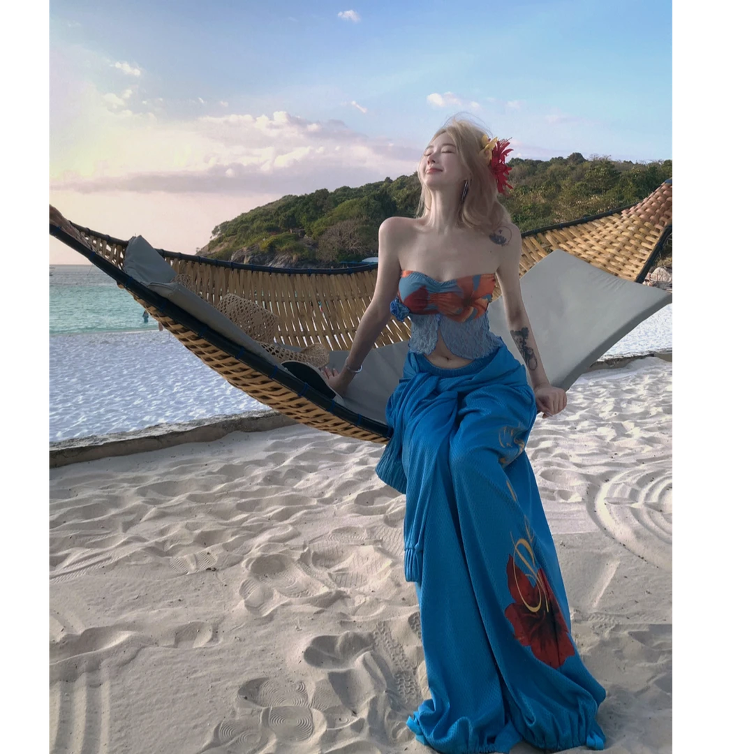 海岛度假性感背心水果印花抹胸上衣搭配阔腿裤伞裤休闲运动裤套装