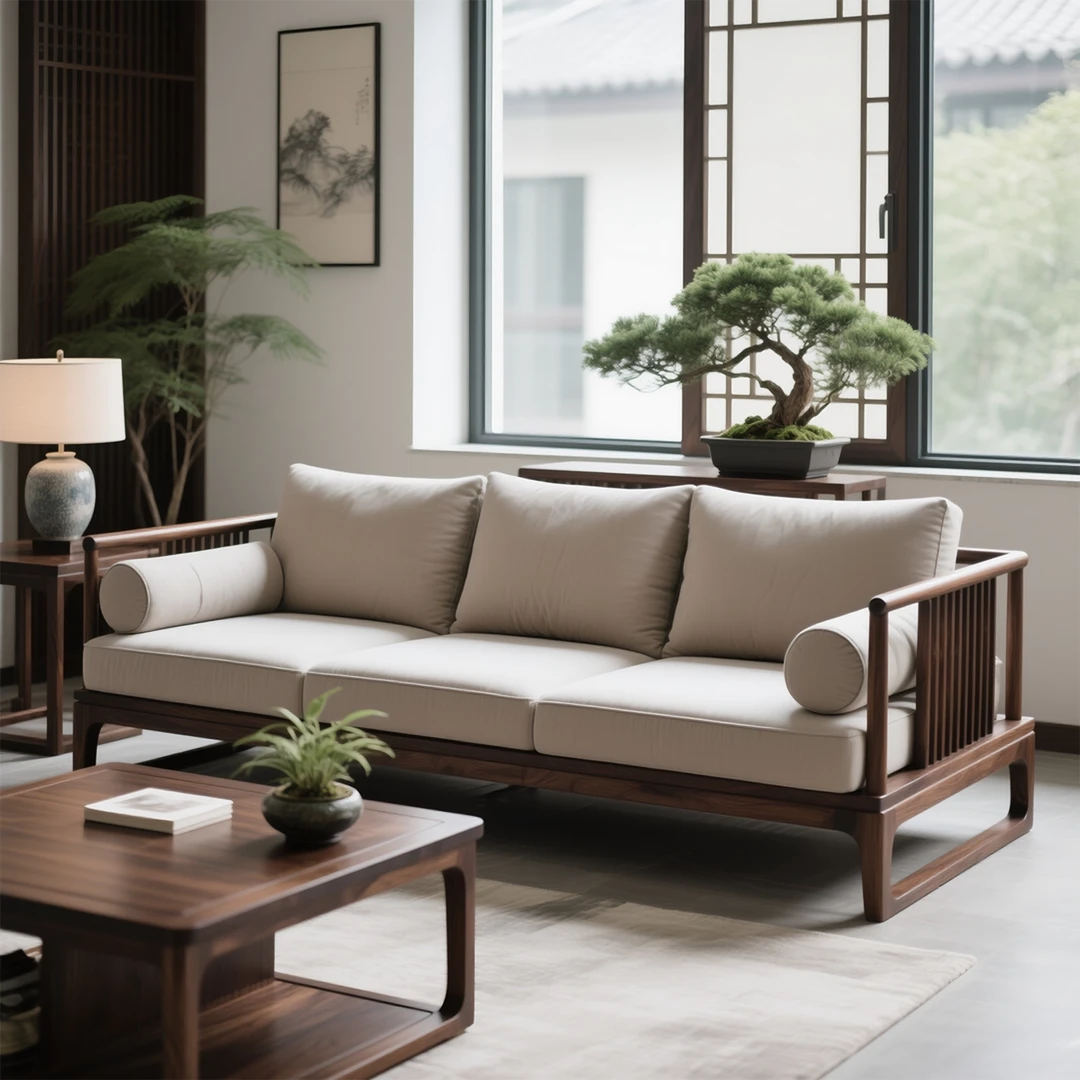 新中式实木沙发新款高端北美黑胡桃木直排沙发简约别墅客厅家用