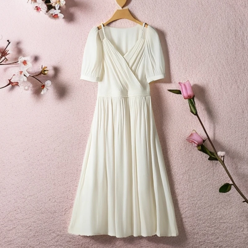 高货专柜899【莫】优雅气质V领露肩抽褶亮丝A版加长连衣裙女434夏