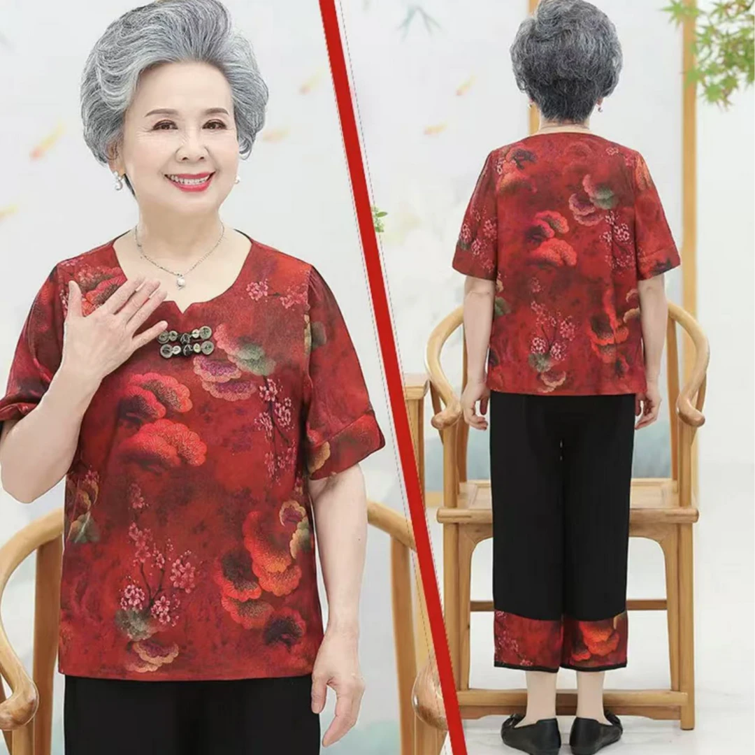 8409-中老年人女夏装衣服宽松两件套上衣阔腿裤子【新仓库11-1-4】