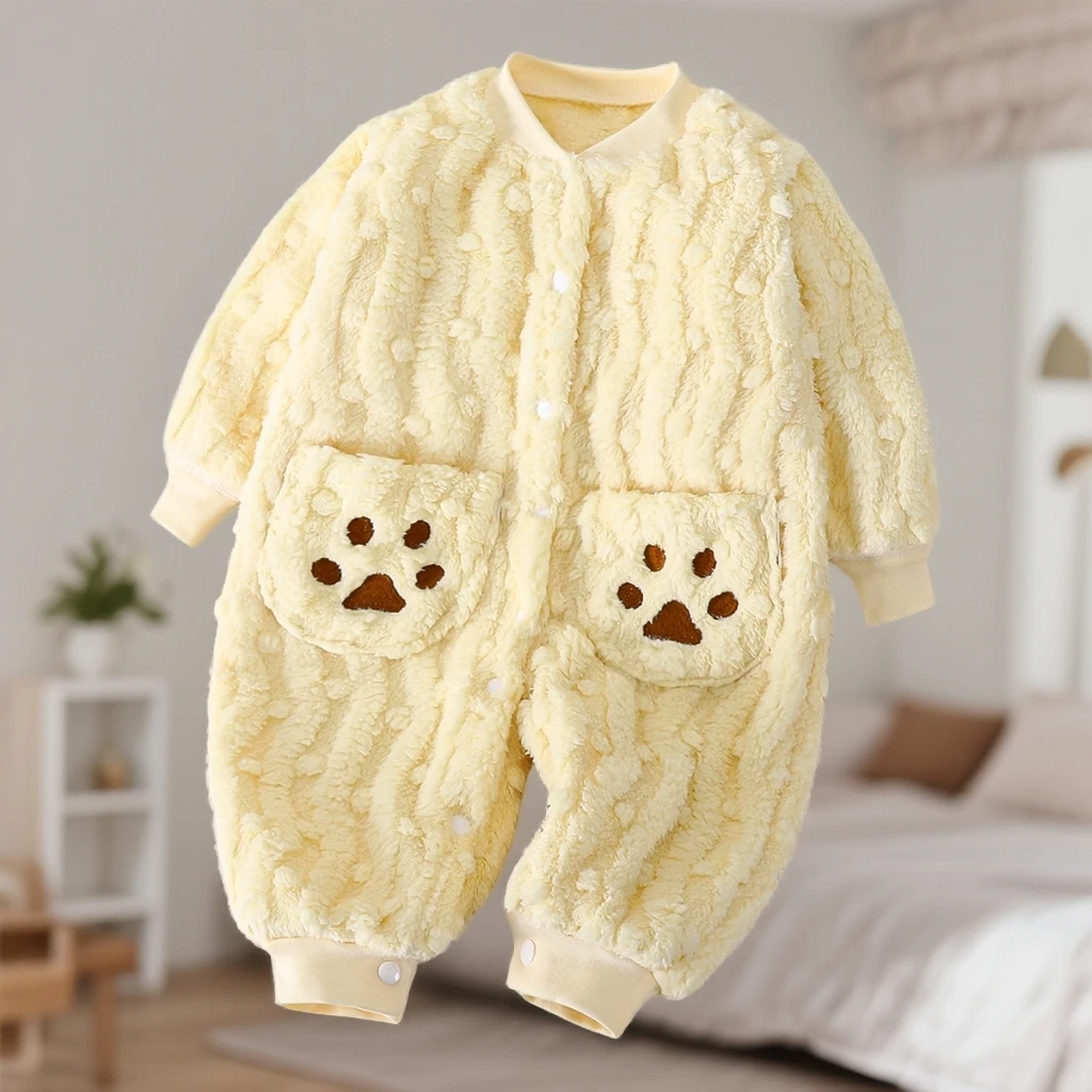 婴儿连体衣长袖豆豆绒封挡睡衣加厚绒洋气宝宝外穿连身衣秋冬新款