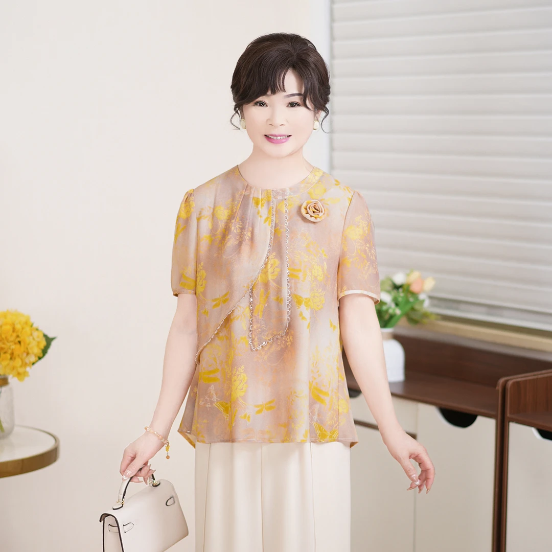 MUYUEZI/中年妈妈夏新款洋气中老年时尚大码时尚短袖上衣套装