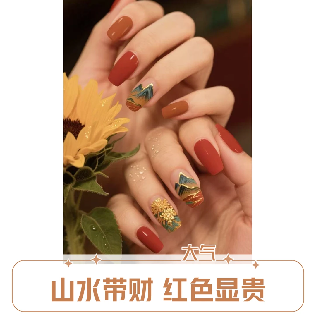 高级可拆卸爆闪美甲贴片穿戴甲新款日常百搭显白手工红色短款复古