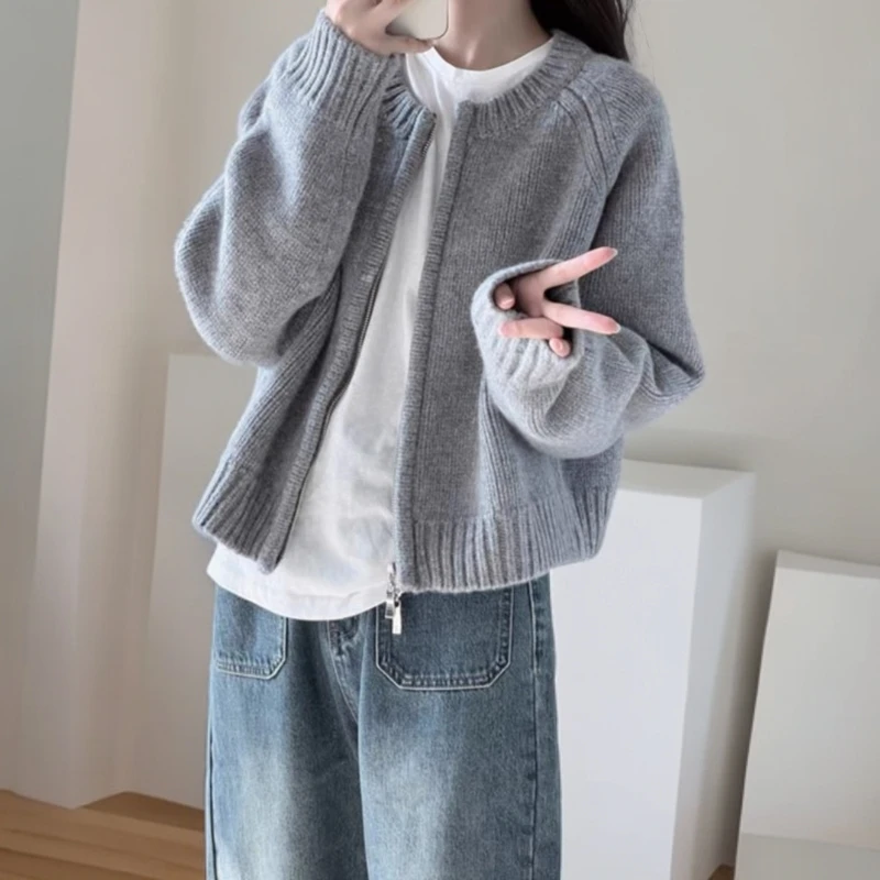 【涵胖胖推荐】双拉链针织开衫 秋冬韩系宽松慵懒风毛衣外套105【清】