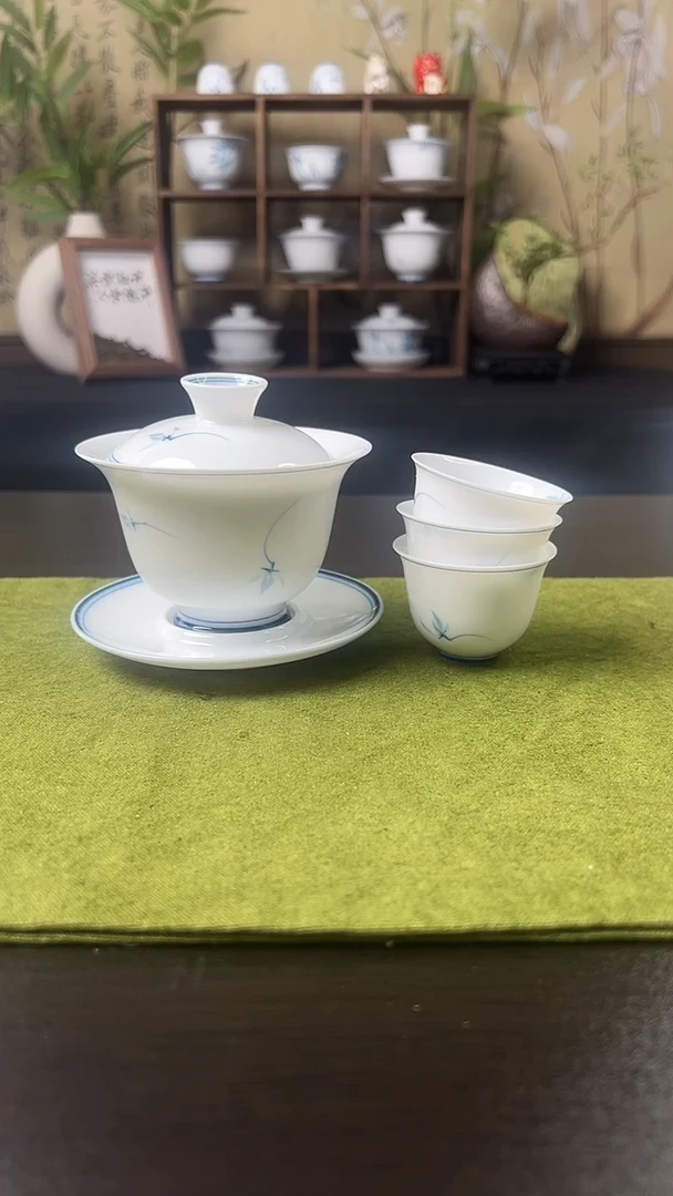 玉兰盖碗+壶承+3客杯