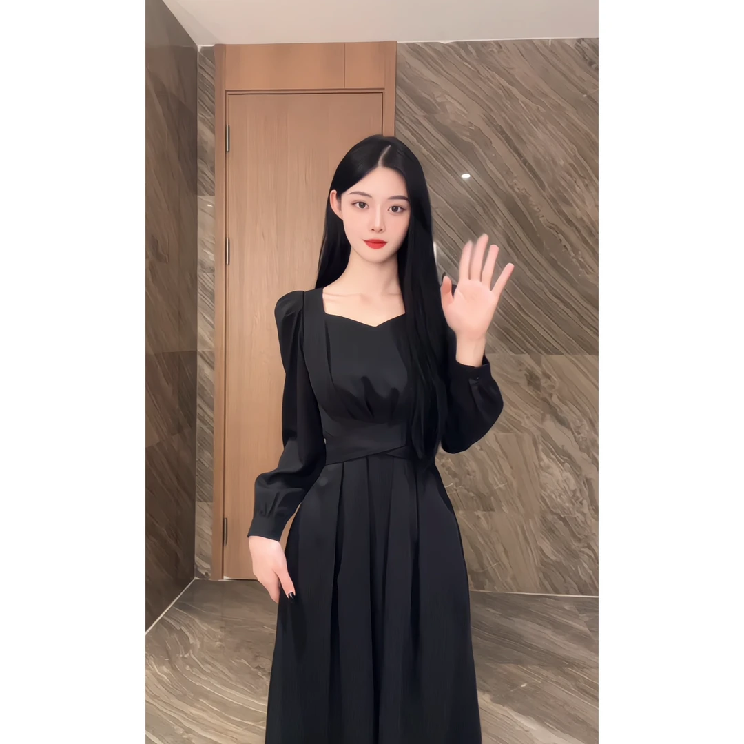 V领连衣裙女2025春季新款收腰显瘦气质通勤垂坠感长裙子