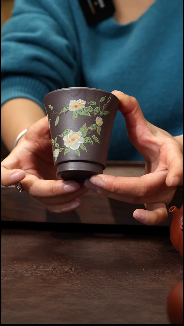 茶壶紫砂天青泥绘牡丹杯