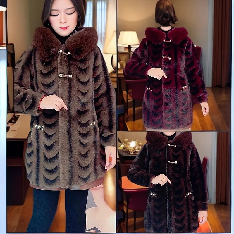 时尚环保貂条纹连帽外套【百搭】中长款妈妈装韩版冬季气质大码洋气