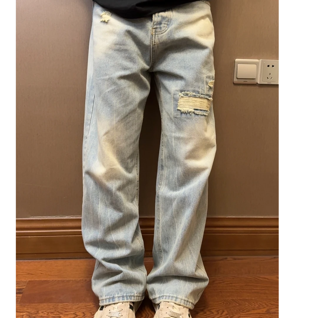 直筒裤夏季水洗破洞阔腿裤牛仔裤春夏薄款中腰精致韩风长裤