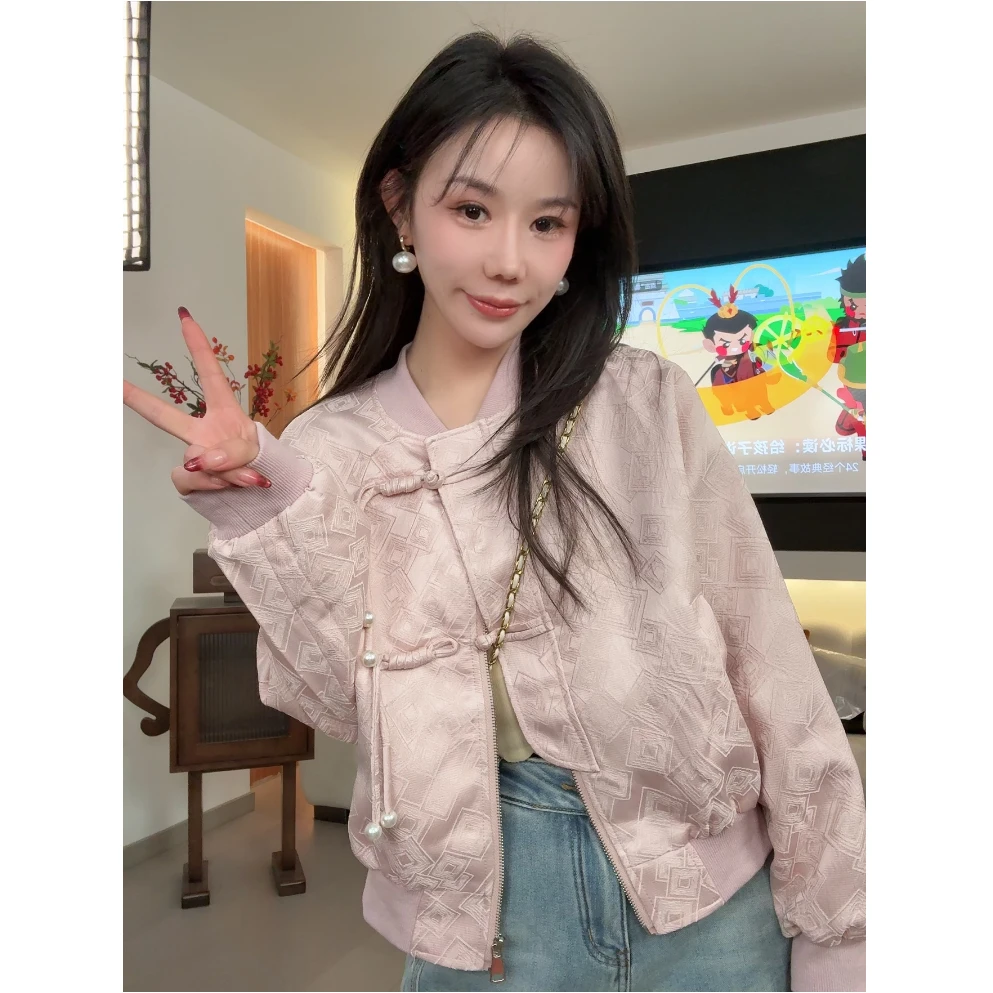 春季新款时尚百搭盘扣圆领袖口提花国风短外套轻奢优雅气质