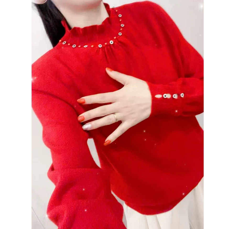 223常规款轻职风半高领女装长袖钉珠加厚女装洋气