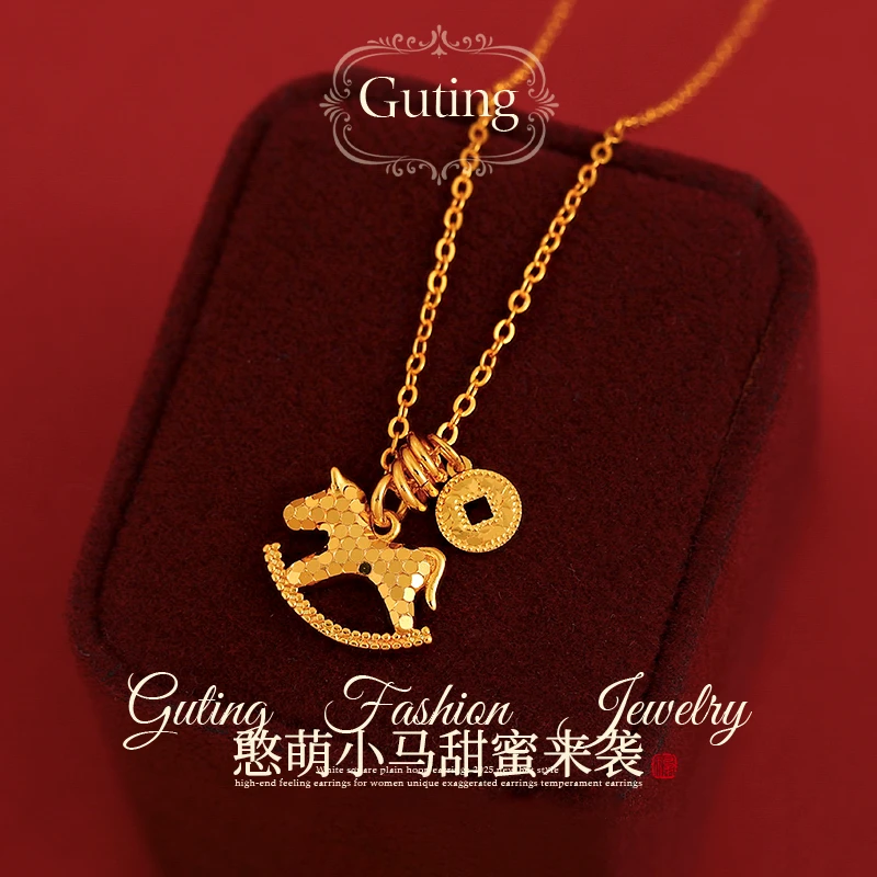 铜合金项链 6709金色四方铜钱币小马吊坠项链女轻奢小众毛衣链