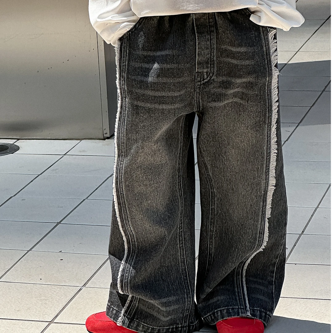 麦哟哟男童秋季牛仔工装裤直筒休闲百搭黑色复古宽松韩版高街水洗