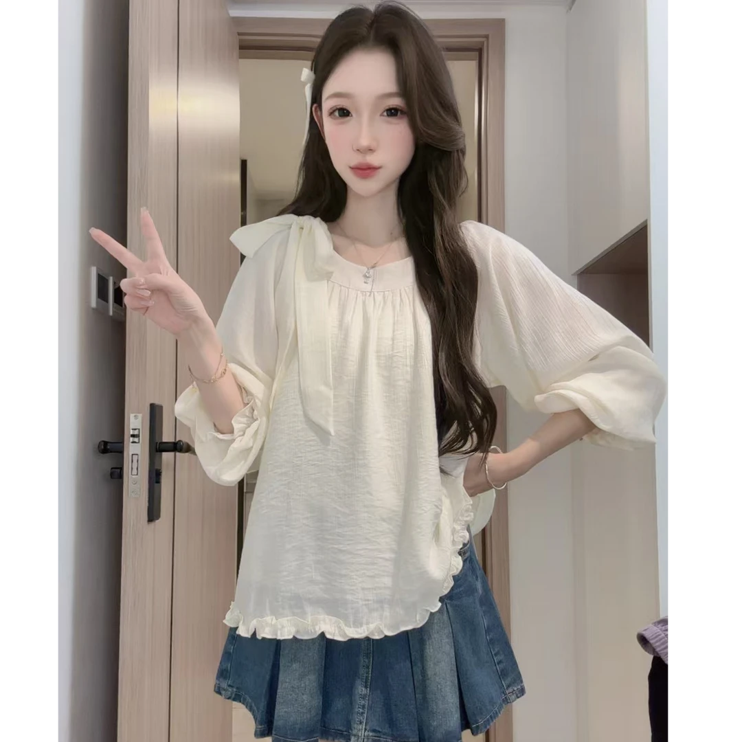 2025长袖秋甜美系带蝴蝶结下摆木耳边韩系减龄小衫上衣