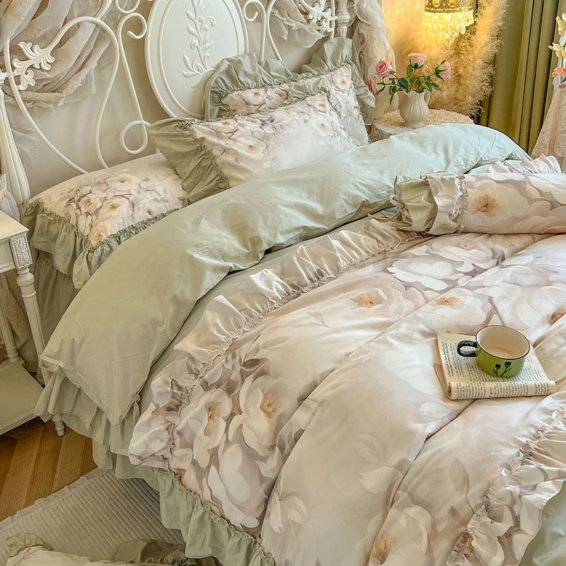 床裙款全棉床上用品四套件法式公主风花边刺绣韩式数码印花田园风