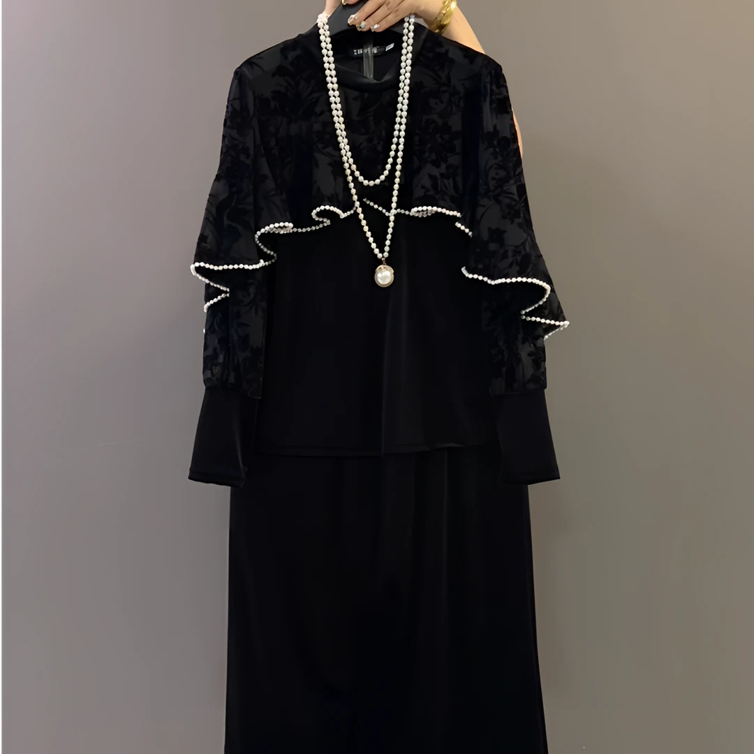 2025新款胖m时尚轻奢气质蕾丝欧货上衣+丝绒半裙显瘦两件套