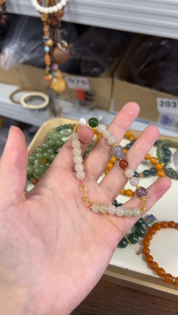 手链银S925镶嵌和田玉和田玉藕粉设计款银手链[0335]