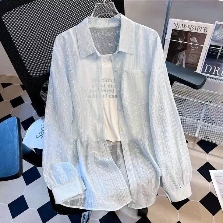 【现货】薄款防晒衬衫女夏季新款女装百搭蕾丝钩花长袖外搭