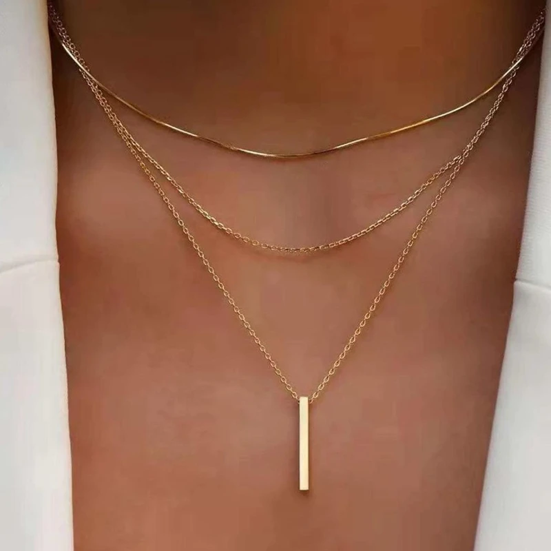 合金吊坠 女款锁骨链小坚条吊坠叠戴项链简约时尚百搭风