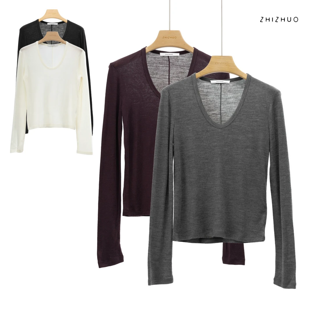 ZHIZHUO/少女心事 显瘦修身百搭气质U领亲肤长袖T恤