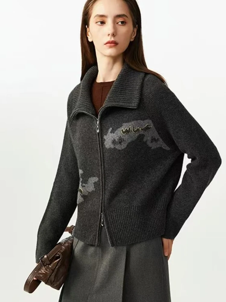 【浣花纱】翻领拉链厚外套秋冬时尚宽松显瘦设计感针织开衫女款y141