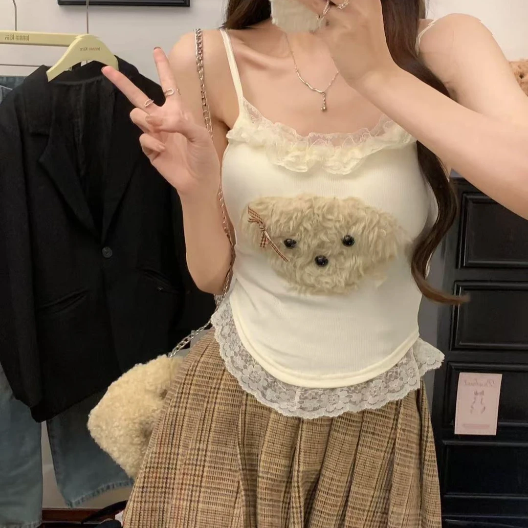 奶油小狗内搭吊带秋冬显瘦纯欲蕾丝边甜美氛围感吊带内搭带杯垫