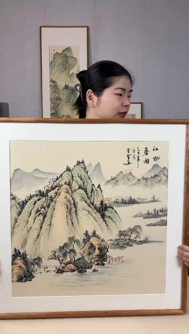 国画手绘*江柳春烟*62*62cm发黑胡桃色框*介意勿拍