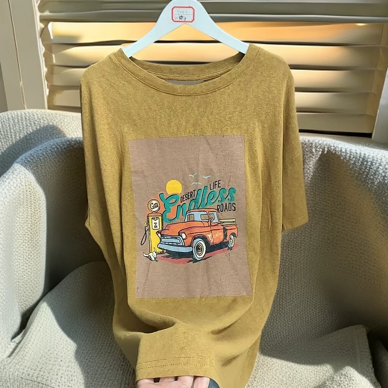 9041#【衣长75】中长款休闲百搭圆领短袖汽车印花休闲风极简风T恤