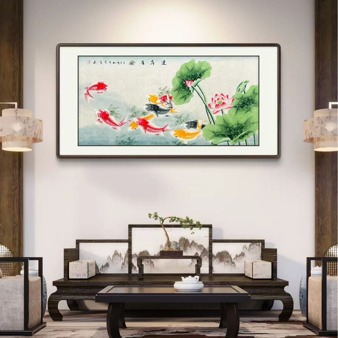 手绘《连年有余》横幅四尺书画作品工笔九鱼图客厅餐厅宣纸国画挂画