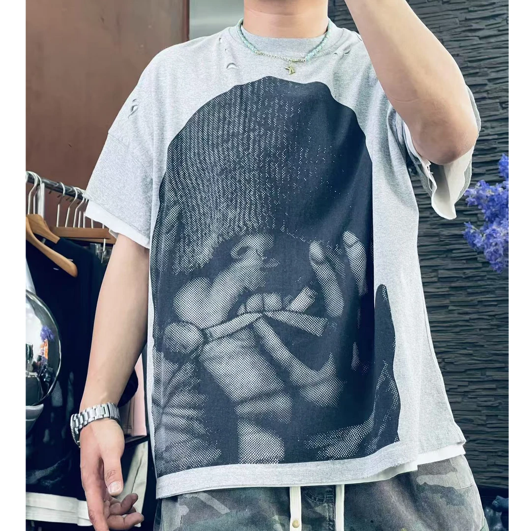 重磅潮流百搭时尚夏季宽松印花圆领美潮日系假两件短袖T恤5192