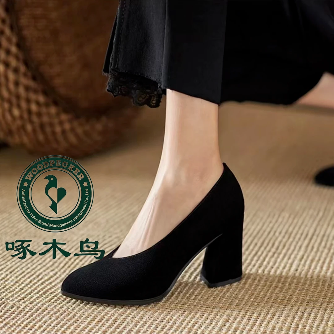 啄木鸟2025秋季单鞋百搭舒适粗跟软皮软底舒适不磨脚浅口小皮鞋K7