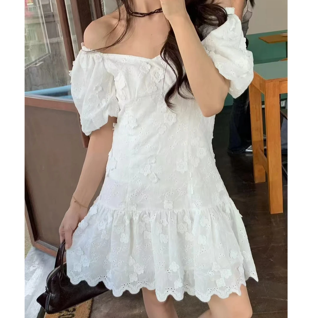 十三行Double-夏季福秒白色V领刺绣公主风连衣裙#37366