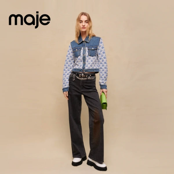 暖系穿搭|Maje早秋女装设计印花牛仔拼接短款长袖外套MFPBL00611