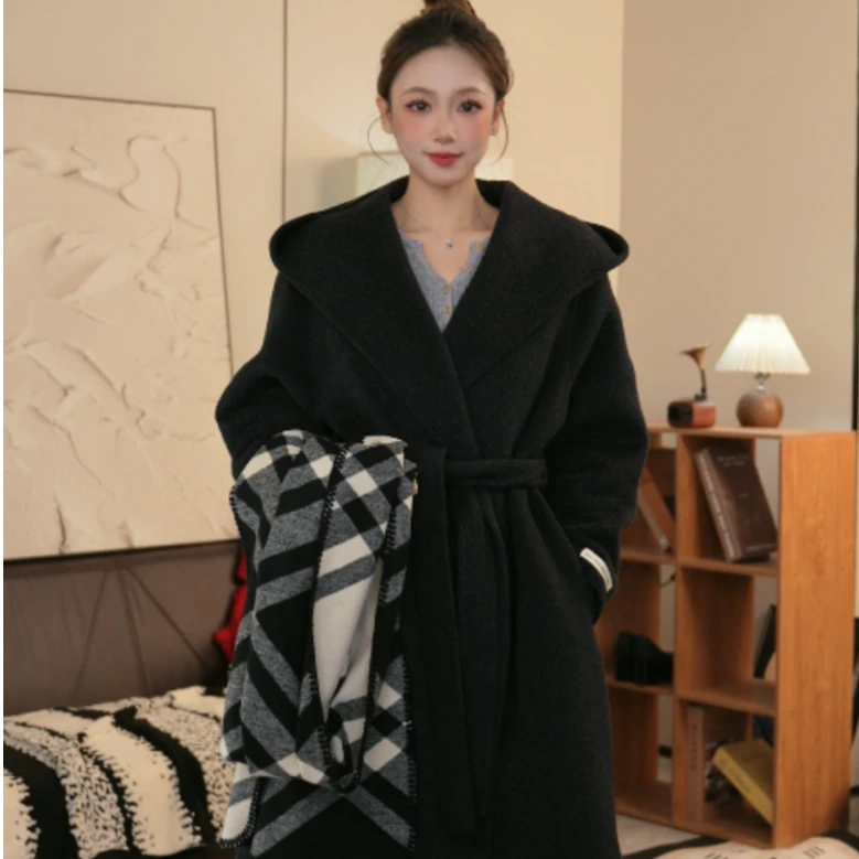 双面澳毛高质感连帽中长款绵羊毛双面大衣外套