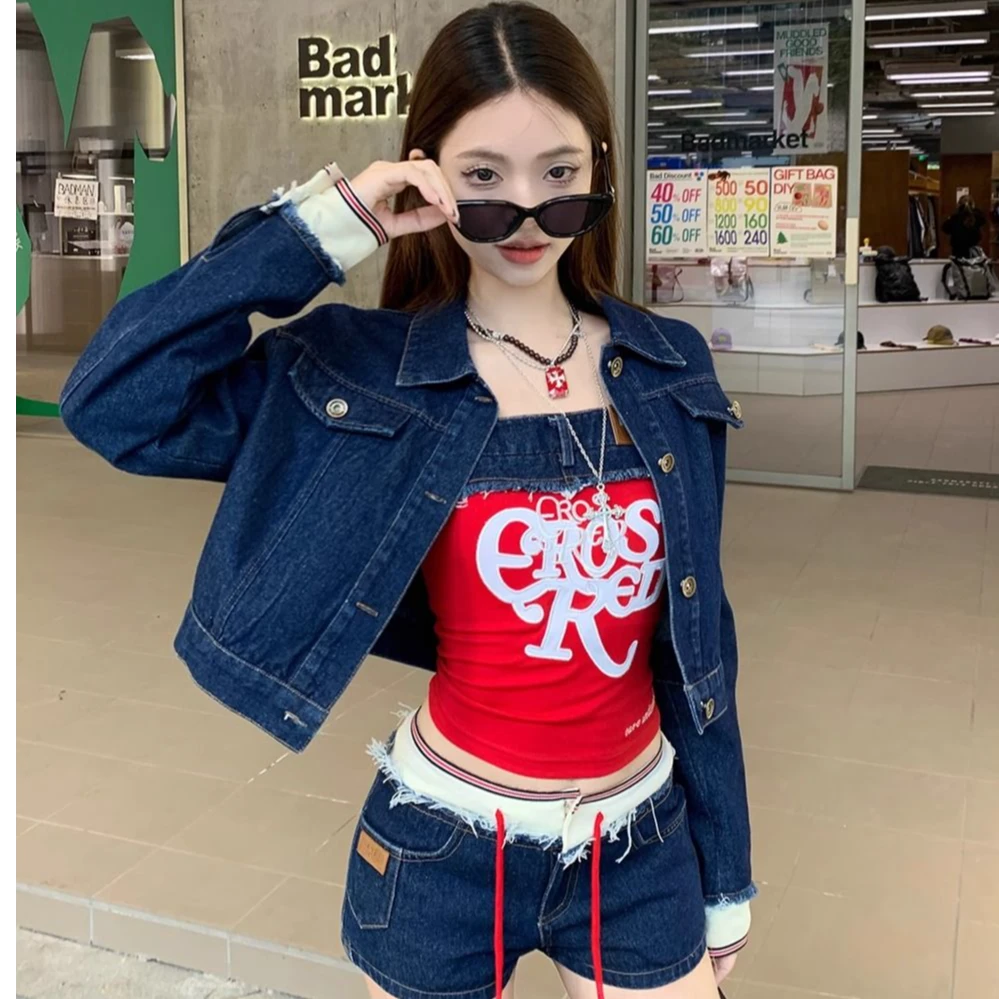 复古气质通勤浅蓝深蓝长袖棉质休闲牛仔外套飞飞袖短裤套装春季女