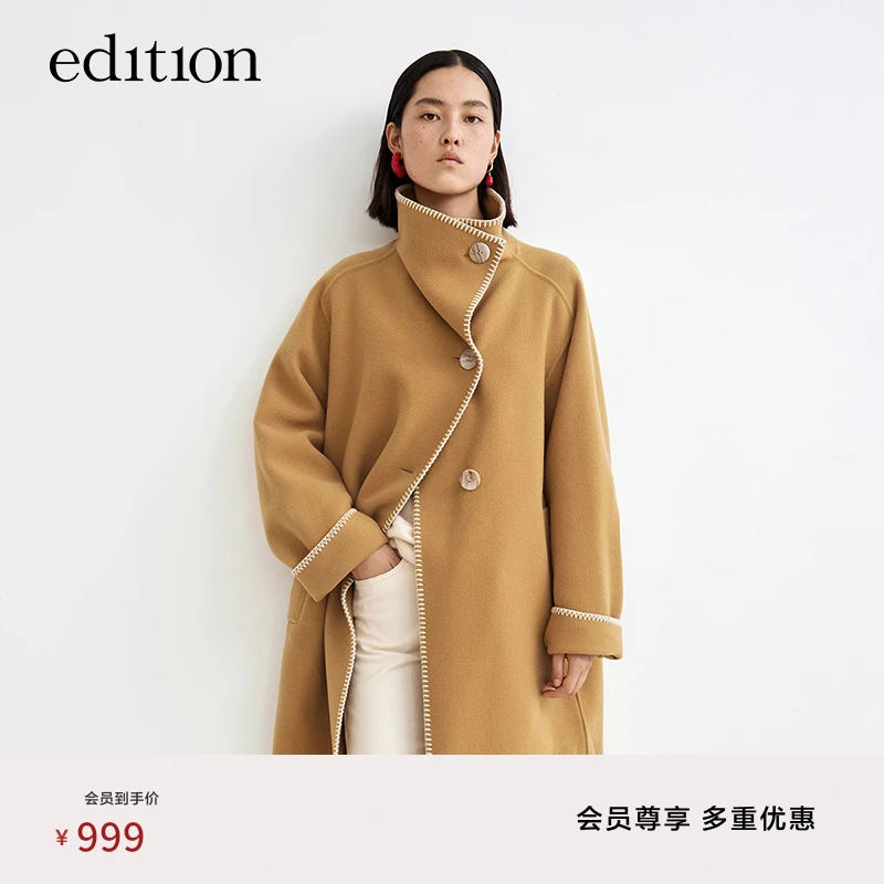 edition毛呢外套大衣冬季双面黑色冬立领手工缝边外套#EBB4OVCT16