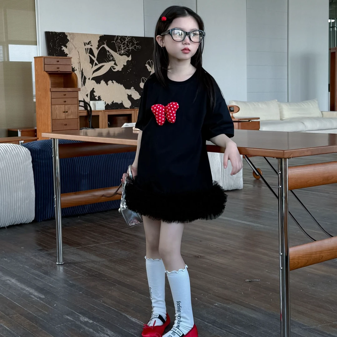 2025夏季新款女童立体蝴蝶结T恤拼接纱裙女孩网纱公主裙子连衣裙