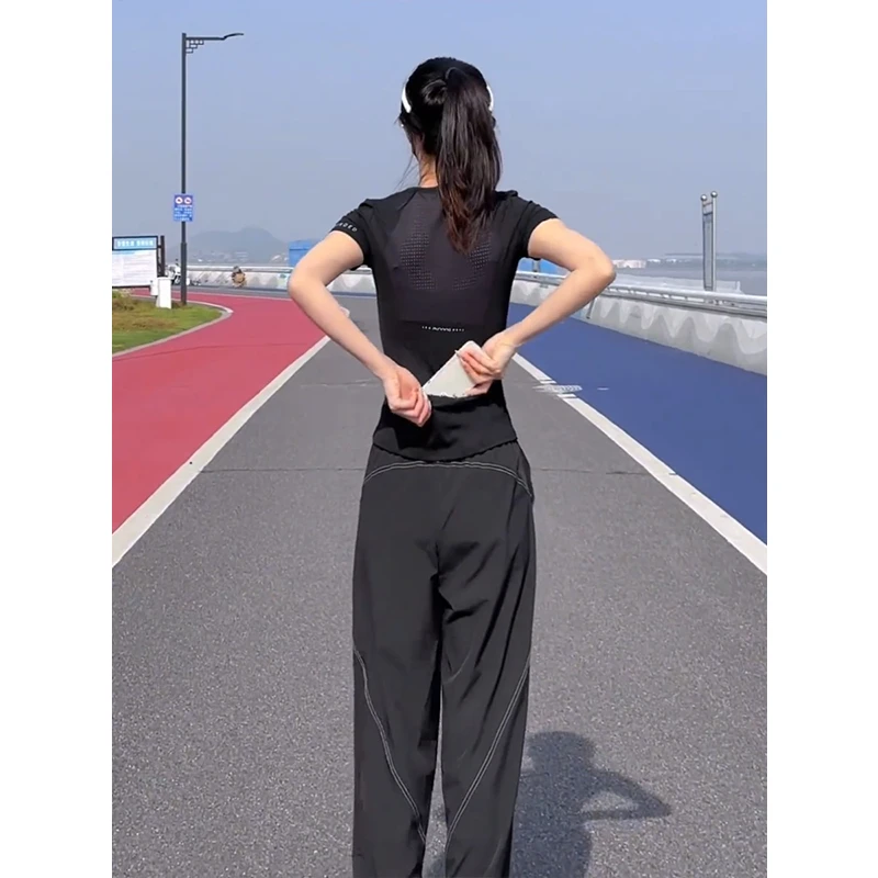 时尚休闲运动套装女夏季新款黑色冰丝薄款后口袋上衣跑步服两件套