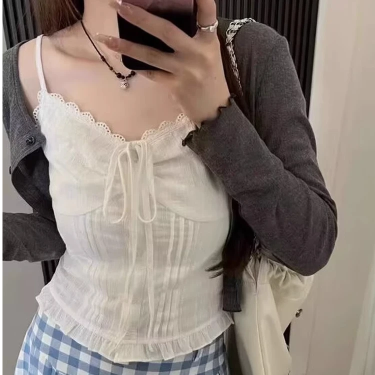 法式木耳边蕾丝吊带背心女夏外穿2025新款设计感美背修身短款上衣