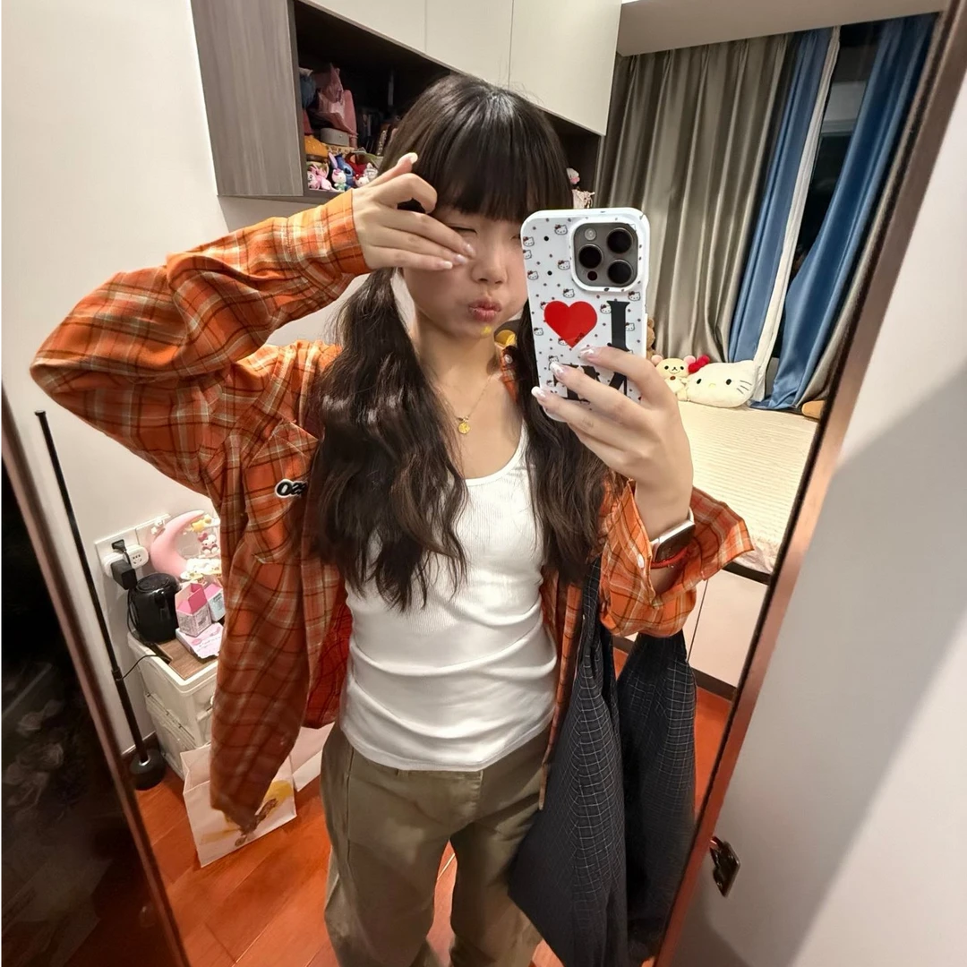 美式复古橙色格子衬衫女早秋季新款宽松休闲防晒长袖上衣外套秋季