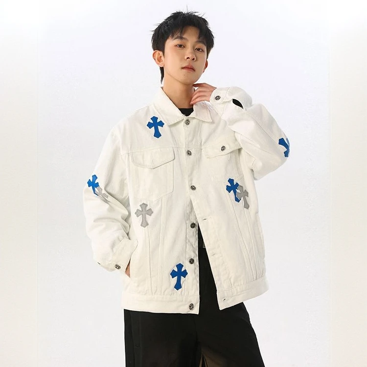 美式街头潮牌十字架牛仔外套男女同款小众设计感时尚宽松牛仔夹克