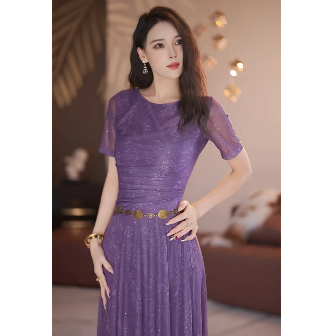 【静铉】薰衣草 夏季新款气质显瘦A摆连衣裙（不含腰带）-YL11627