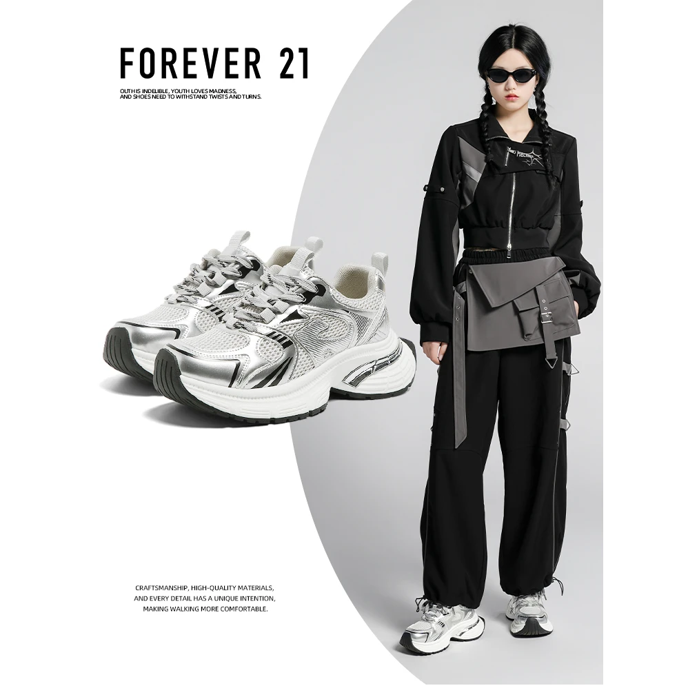 F21银色老爹鞋女2025新款夏季网面透气超厚底增高百搭原创运动鞋