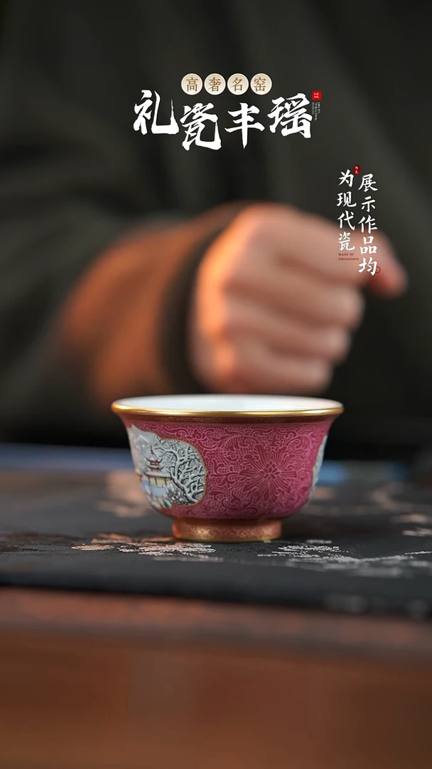 丰瑶陶瓷胭脂红扒花雪景压手杯