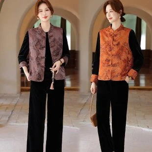 国风时尚洋气中式三件套外套春秋新款大码丝绒女款妈妈套装