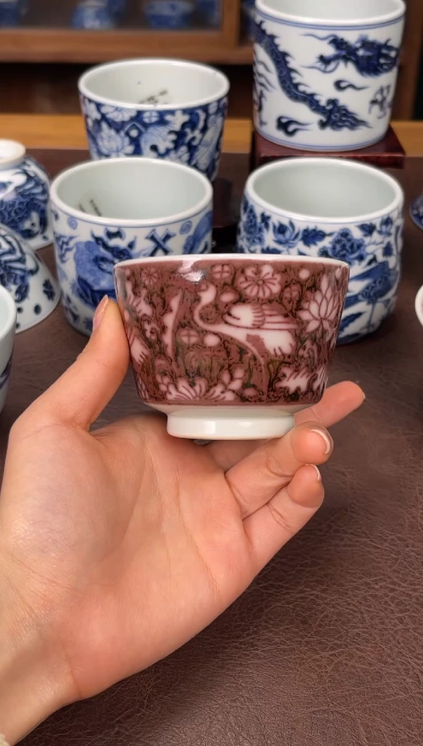 素月明河釉里红一鹭科连马蹄杯